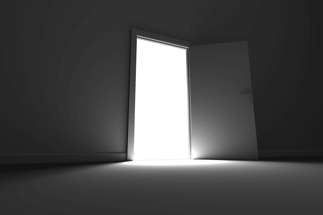 Dark Room Open Door with Bright Glowing Light Transparent Background