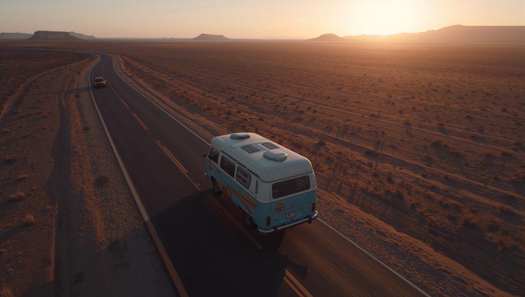 Retro Van Journey on Desert Highway at Sunrise