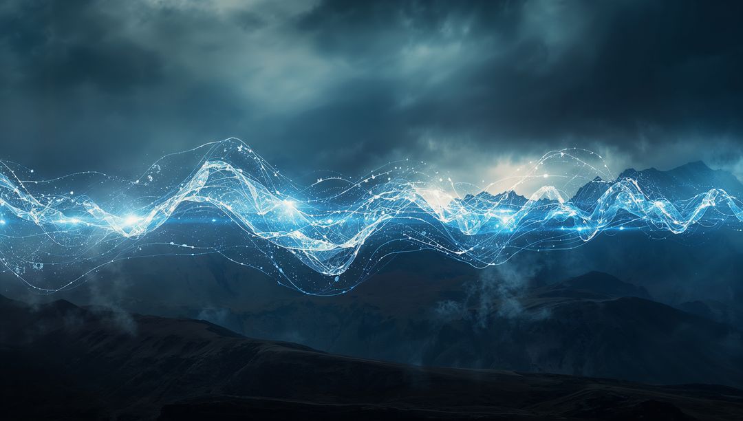 Futuristic Digital Wave Over Mountain Range at Night