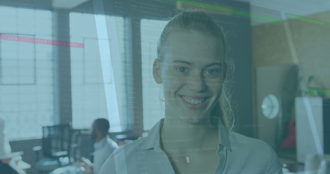 Smiling Woman with Data Processing Interface Behind