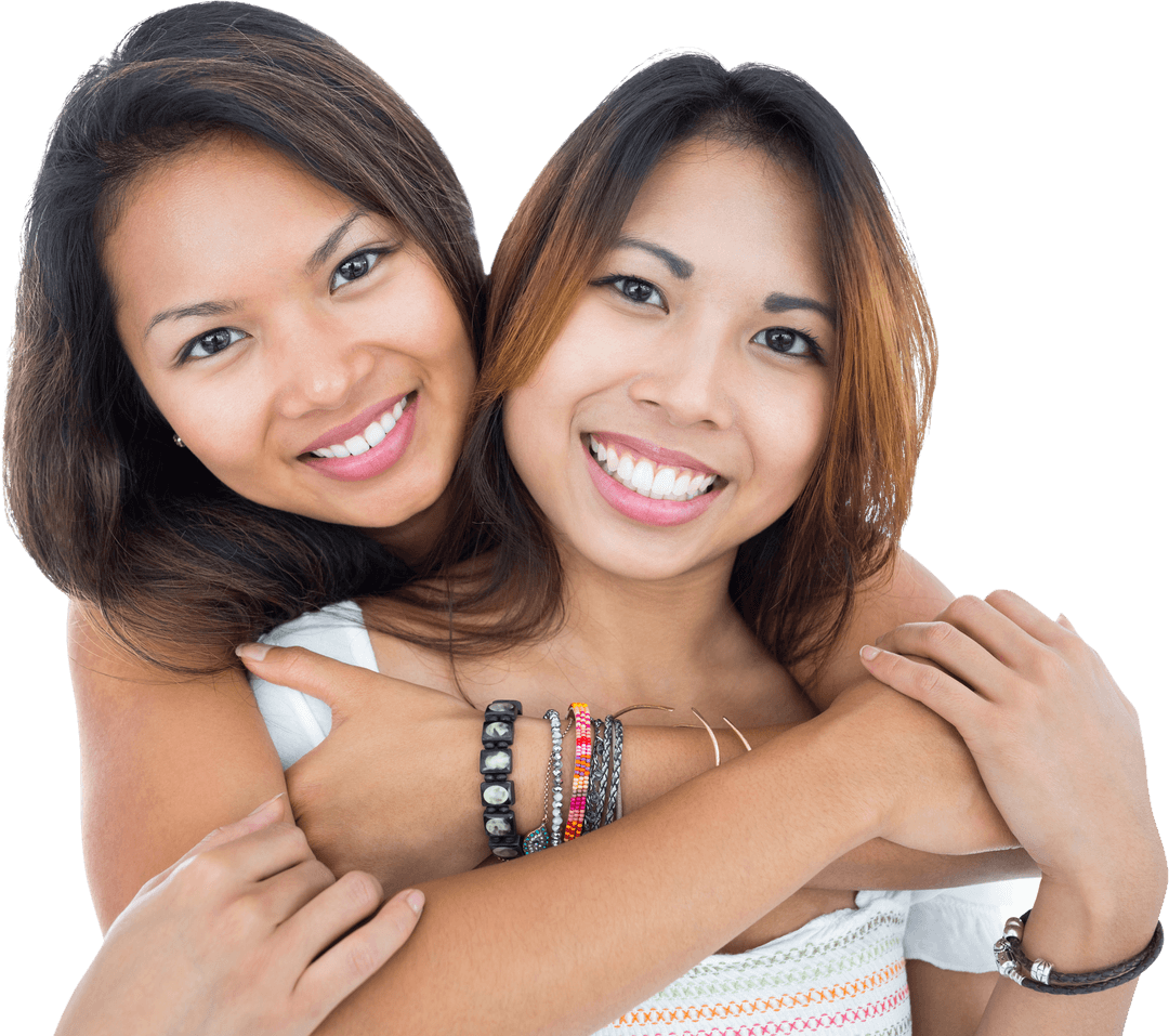 Sisters Embracing with Genuine Smiles Transparent Background
