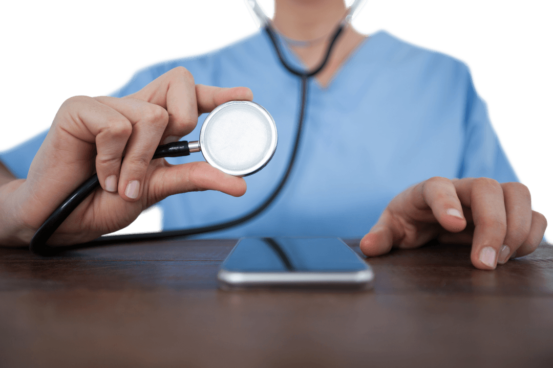 Transparent Doctor Examining Smartphone with Stethoscope