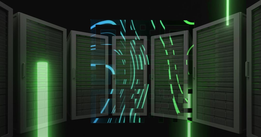 QR Code with Neon Highlights Among Powerful Servers