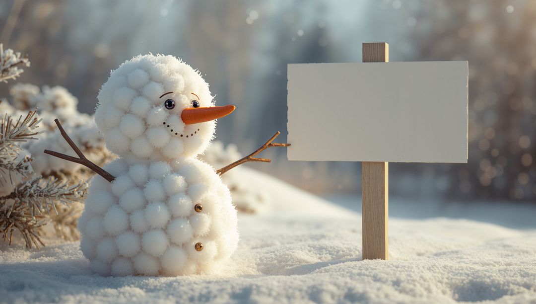 Playful Snowman with Blank Signboard in a Winter Forest