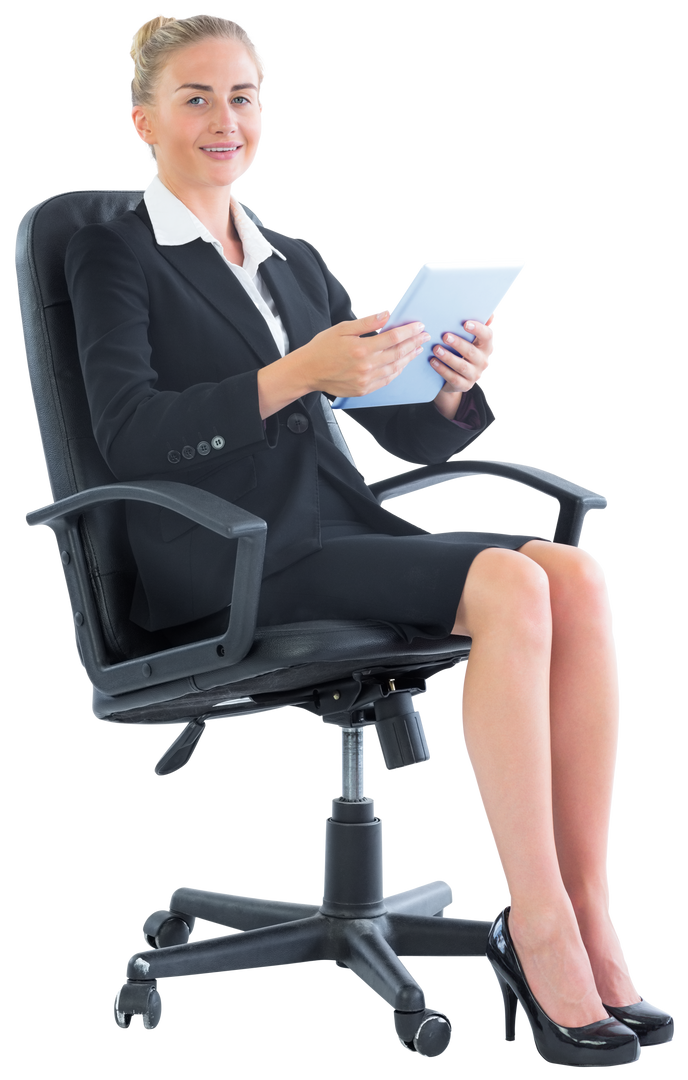 Blonde Businesswoman Sitting on Swivel Chair with Tablet and Smart Outfit Transparent - Download Free Stock Images Pikwizard.com