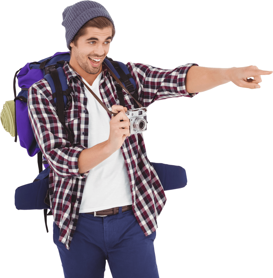 Transparent Enthusiastic Man with Camera Pointing, Ready for Adventure