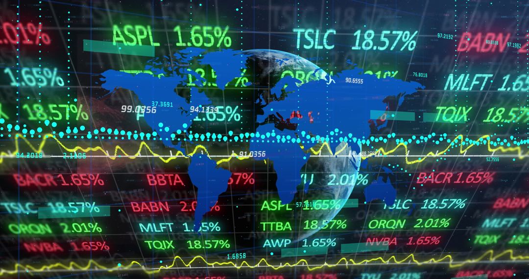 Digital Stock Market World Globe with Dynamic Tickers and Data