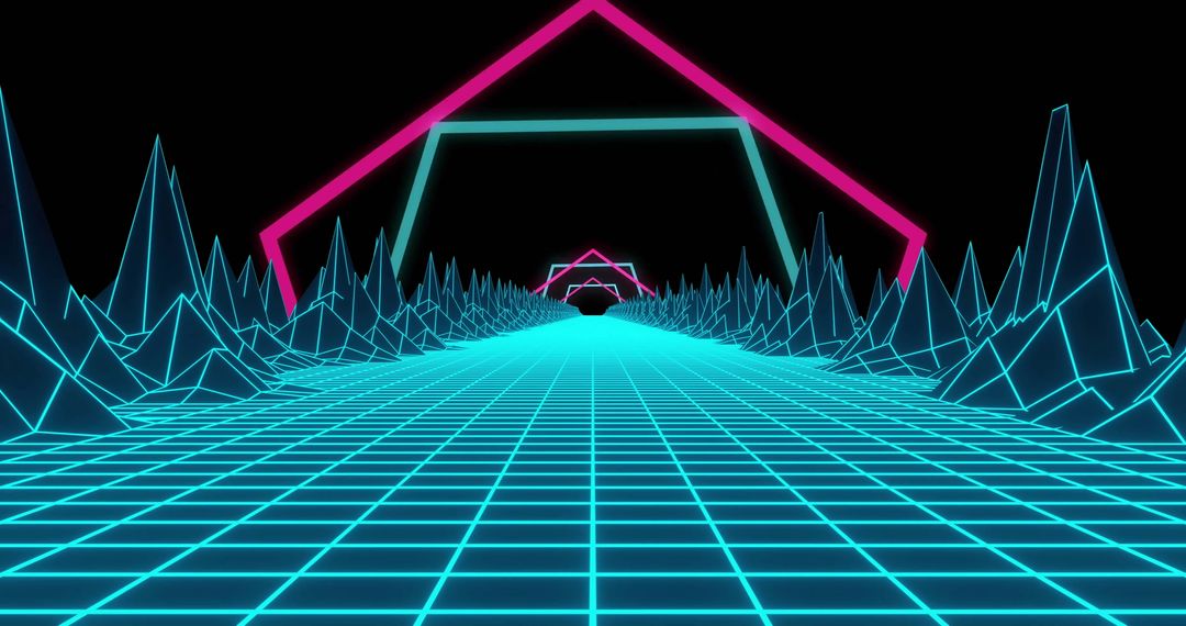 Retro-Futuristic Neon Grid with Glowing Geometric Shapes