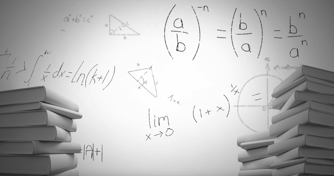 Mathematical Formulas on Whiteboard with Stacked Books