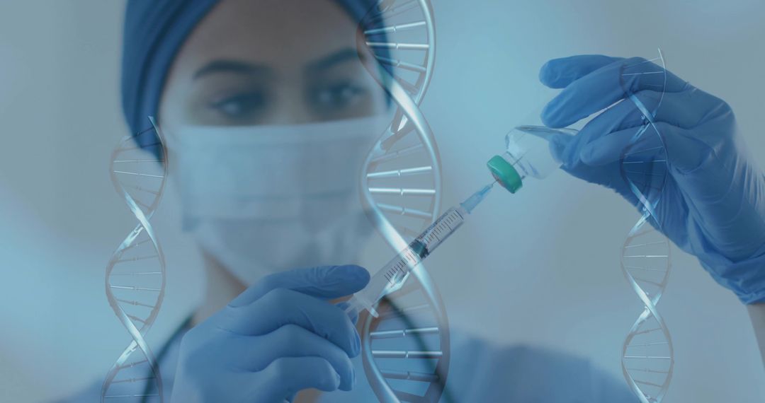 Scientist Preparing Vaccine with DNA Strand Overlay in Biotechnology Lab