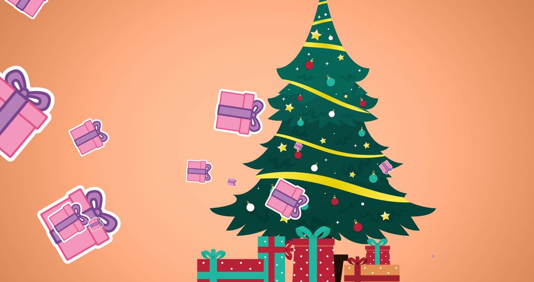 Festive Christmas Tree with Falling Gift Boxes and Text