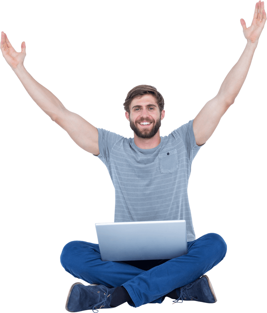 Excited Man Celebrating Success on Laptop with Transparent Background
