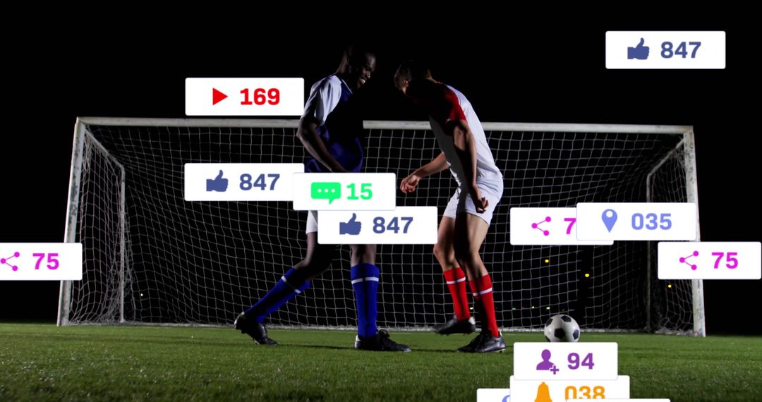 Soccer Players on Field with Social Media Statistics Visible