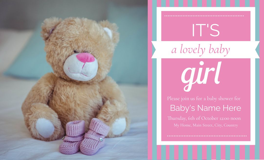 Teddy Bear and Pink Booties for Baby Girl Shower Invitation - Download Free Stock Templates Pikwizard.com