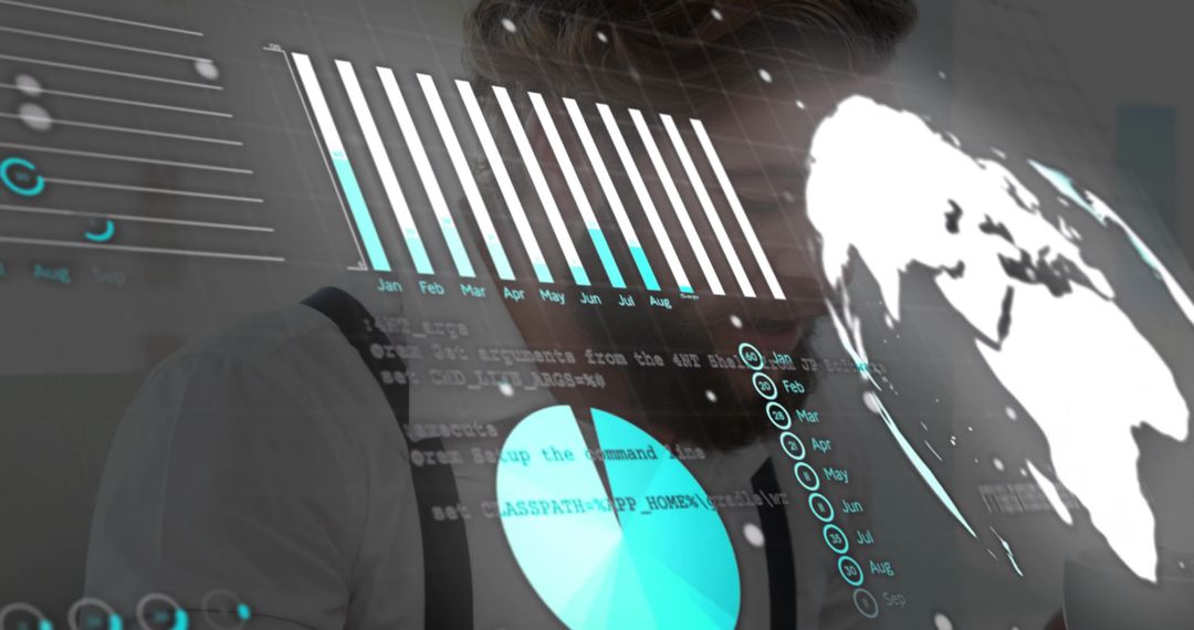 Man analyzing holographic data dashboard with global map and teal analytics overlays