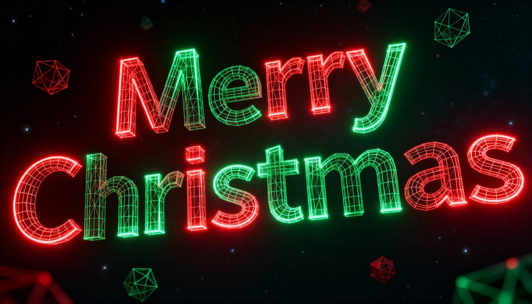 Neon wireframe Merry Christmas text glowing in starry space with geometric polyhedra