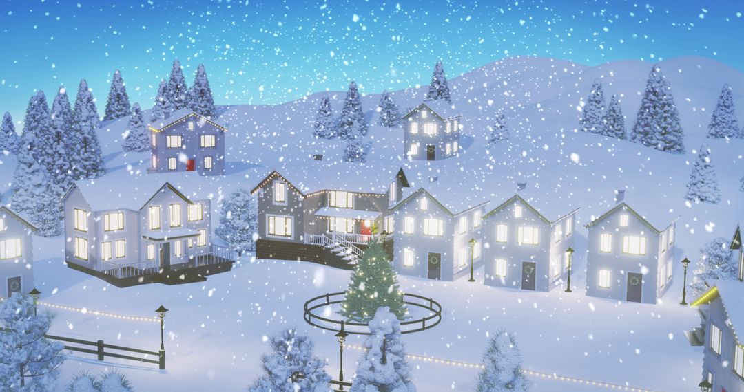 Snowy Village with Illuminated Celebrations and Sparkling Lights