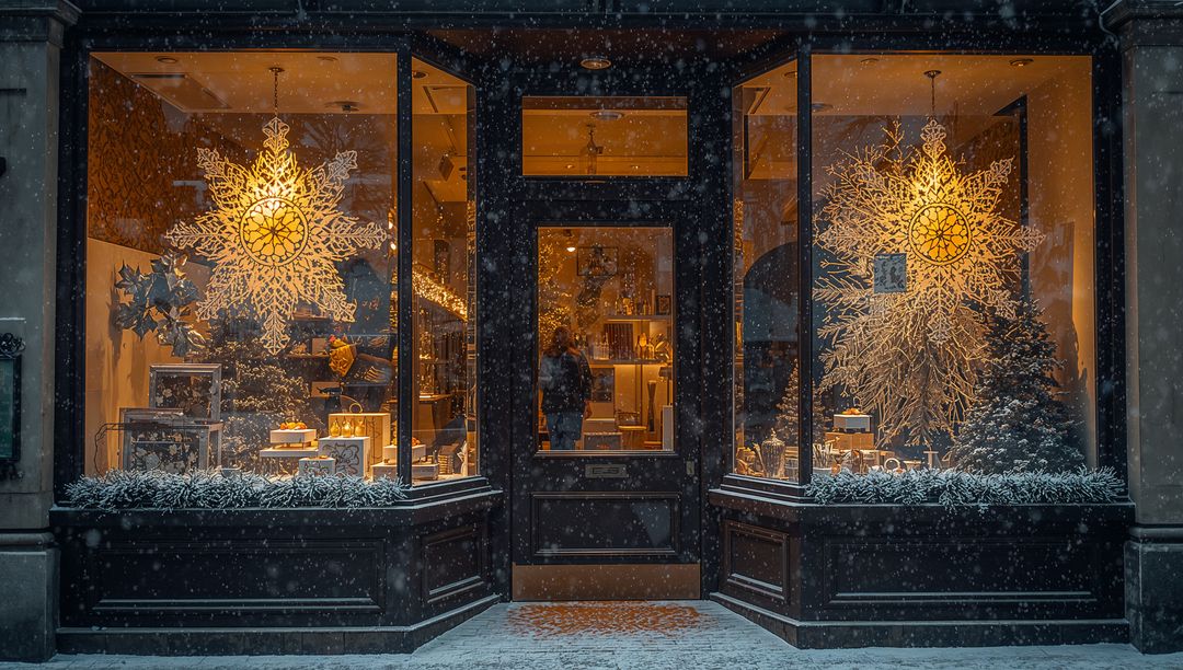 Boutique storefront glowing with oversized illuminated snowflake ornaments in snowfall