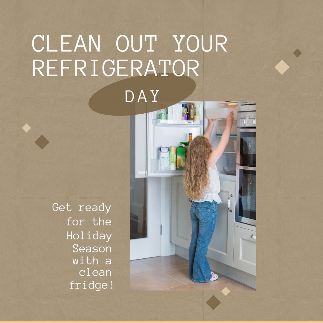 Image of clean out you refrigerator day over caucasian girl looking into fridge - Download Free Stock Templates Pikwizard.com