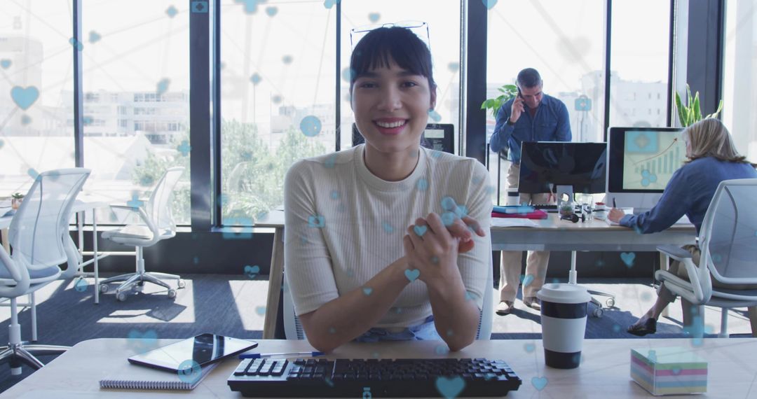 Woman Working on Office Computer with Digital Networking Overlay
