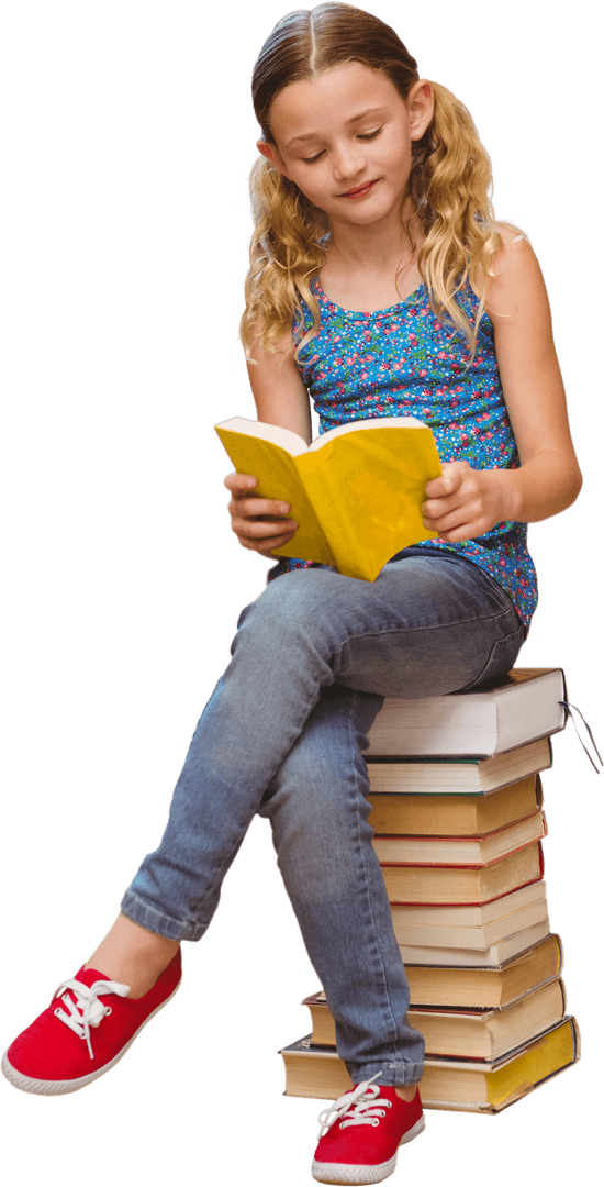 Transparent Young Girl Reading Book Seated on Stack of Books