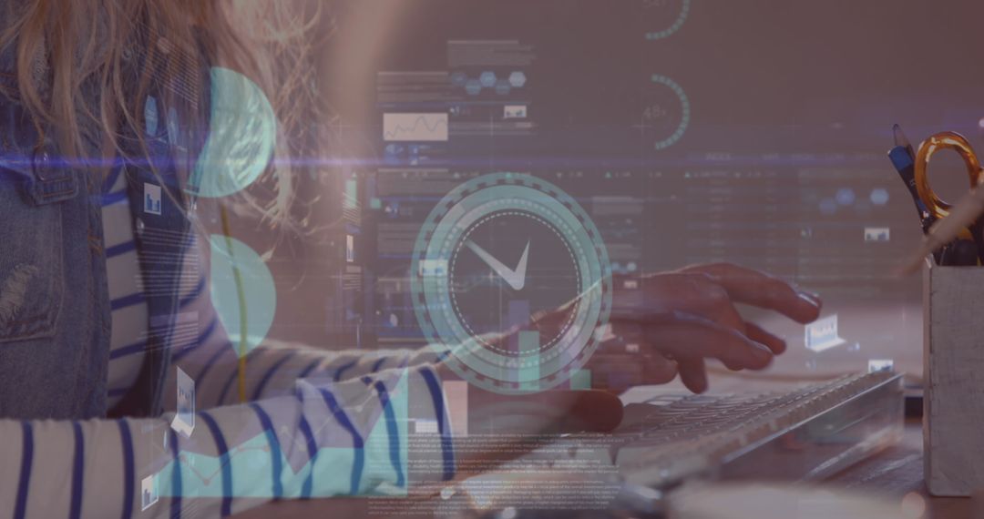 Digital Interface and Data Overlay with Businesswoman Using Computer