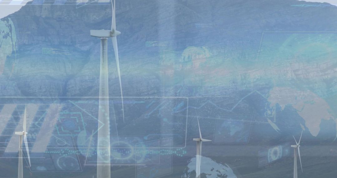 Rotating wind turbine generating renewable power with HUD data overlay on mountain wind farm