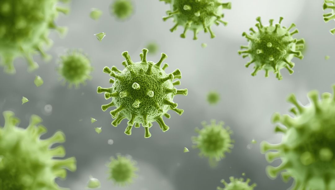 Green Virus Particles Floating in Microscopic Environment
