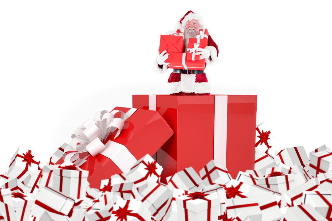 Santa in Large Red Gift Box with Many Present Boxes on Transparent Background