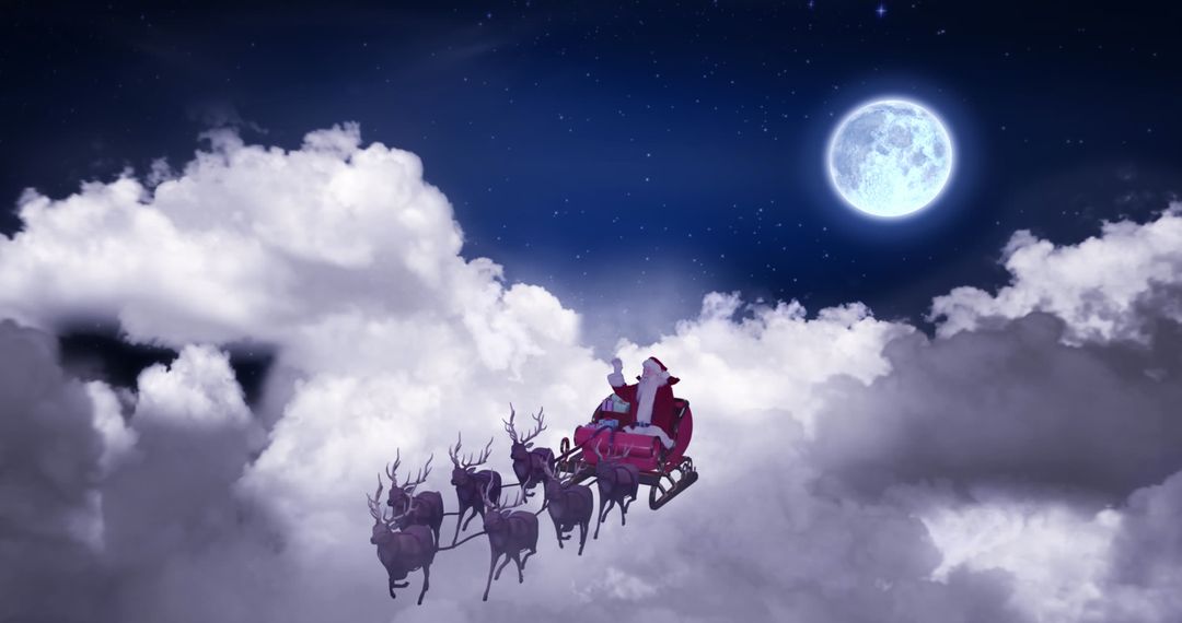 Santa Claus Flying on Sleigh with Reindeer and Full Moon - Free Images, Stock Photos and Pictures on Pikwizard.com