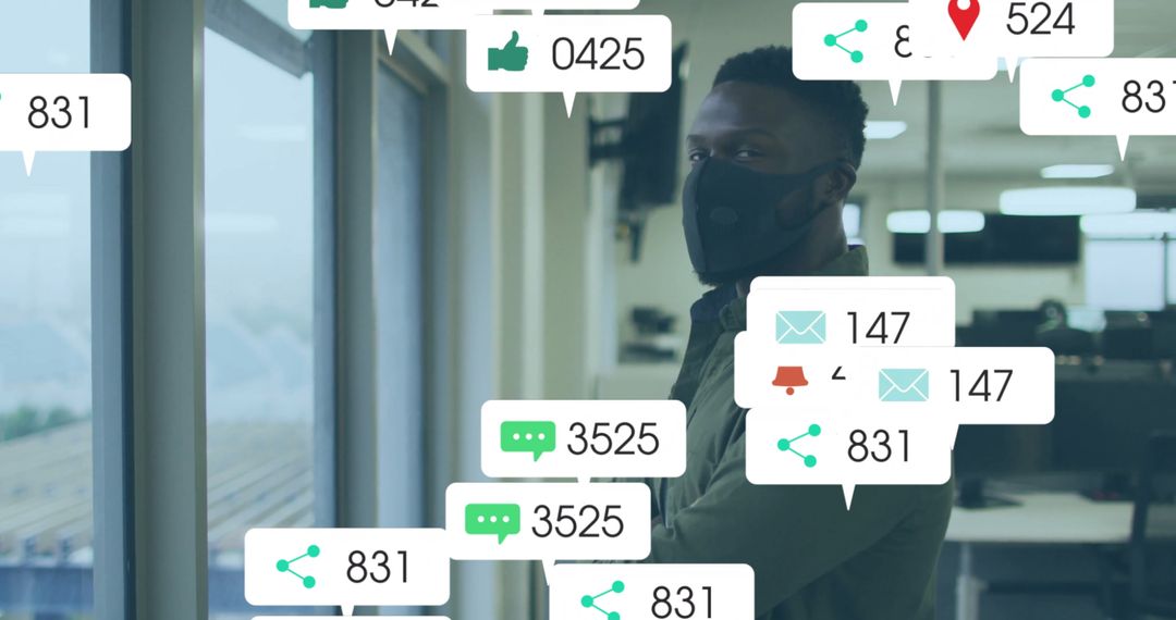 Masked Professional Observing Real-Time Digital Notifications by Office Window