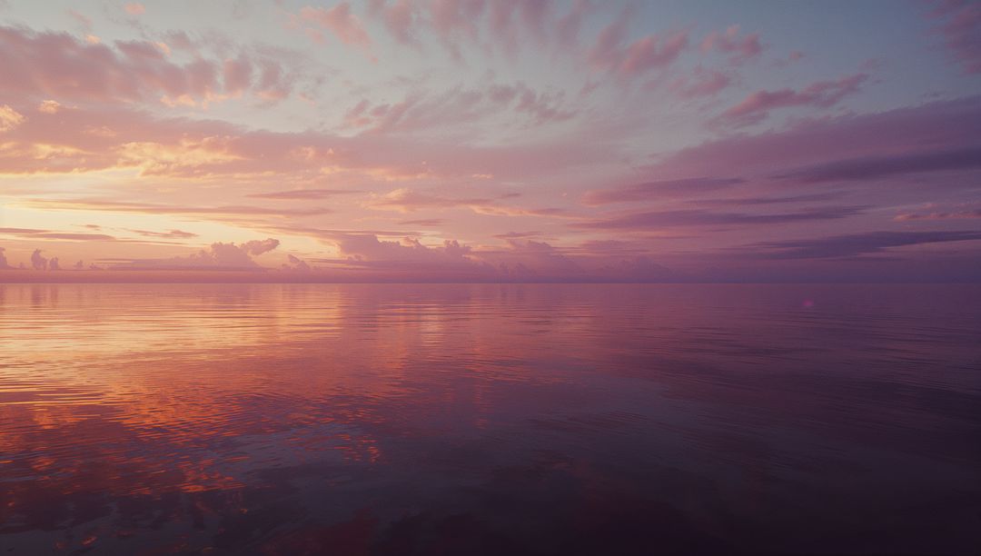 Calm ocean reflections at sunset with pastel sky