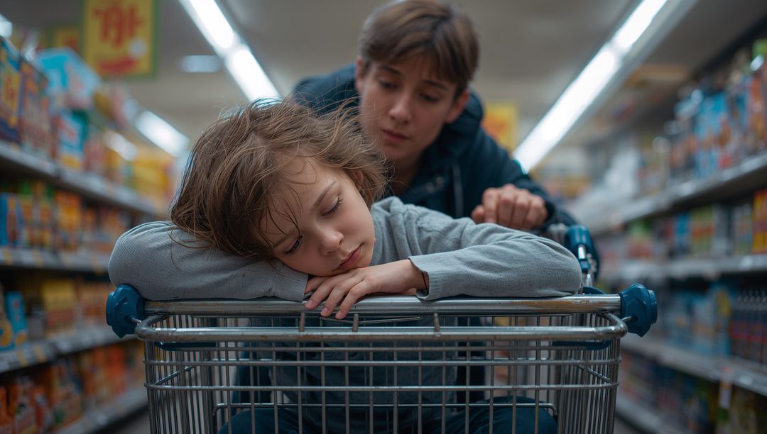 Tired child resting on shopping cart while teen pushing through supermarket aisle