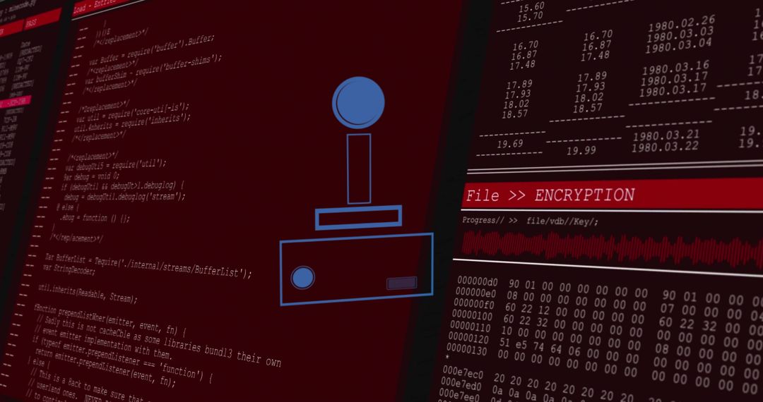 Blue joystick icon overlaying encryption dashboard showing hex dump, waveform and code