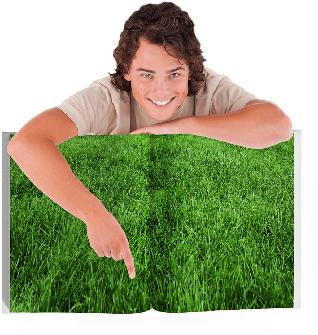 Happy Man Pointing at Digital Grass on Transparent Background