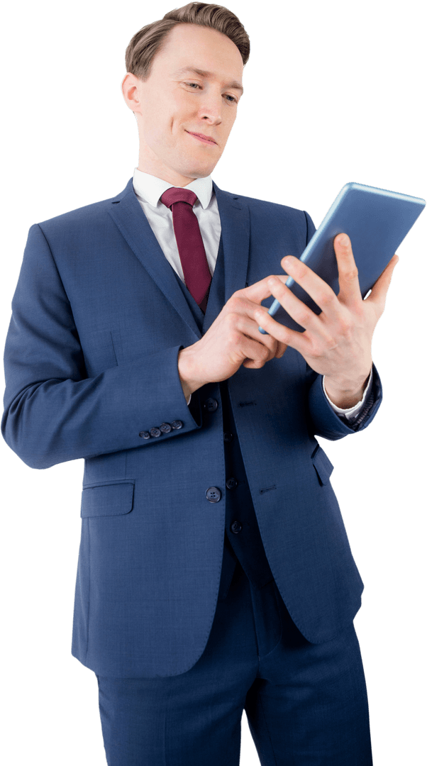 Confident Businessman Using Tablet with Transparent Background