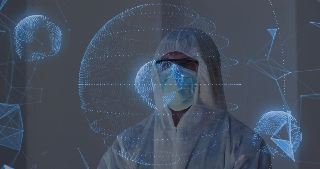 Hazmat Technician Scanning Holographic Network Globe in Laboratory