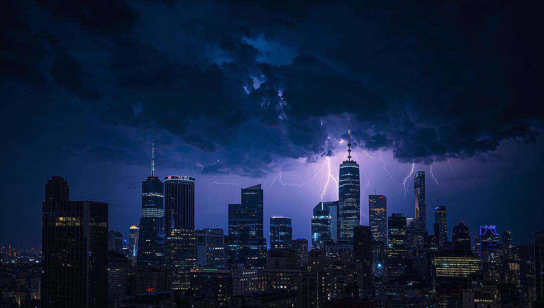 Lightning Striking Downtown Spire Over Neon Skyline at Night, Storm Clouds Illuminating Skyscrapers