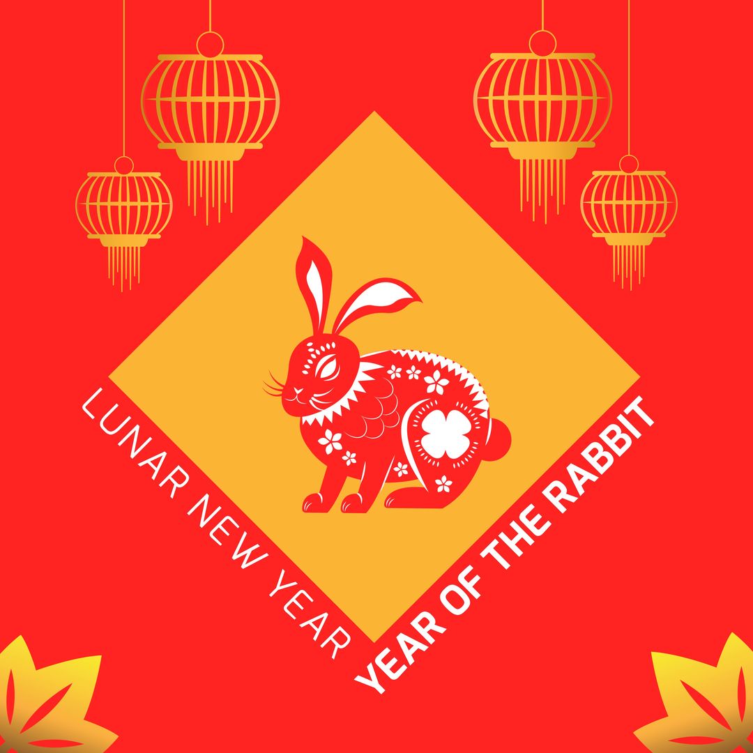 Composition of happy lunar new year text over rabbit on red background - Download Free Stock Templates Pikwizard.com