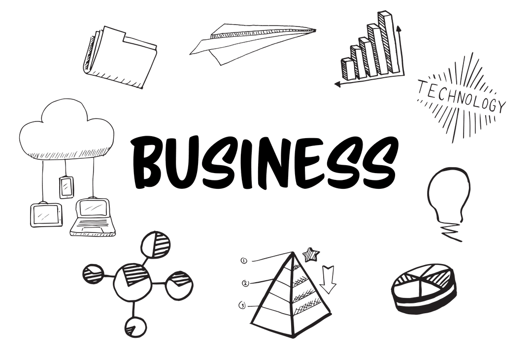 Digital Business Icons and Text on Transparent Background