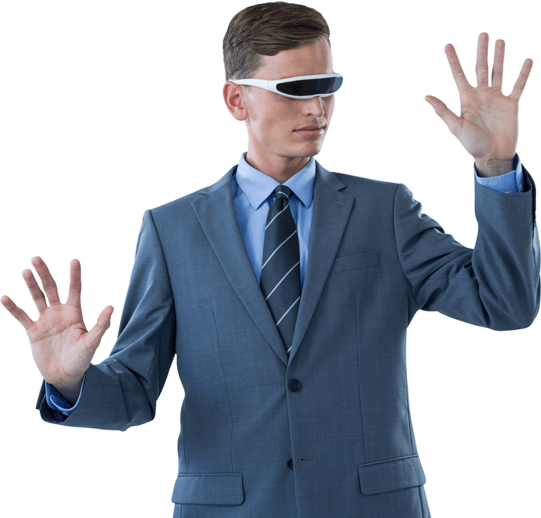 Businessman Using Transparent VR Glasses Engaging with Virtual World