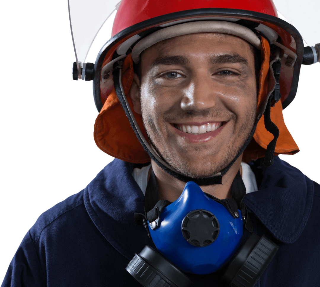 Happy Caucasian Firefighter in Uniform with Safety Gear on Transparent Background