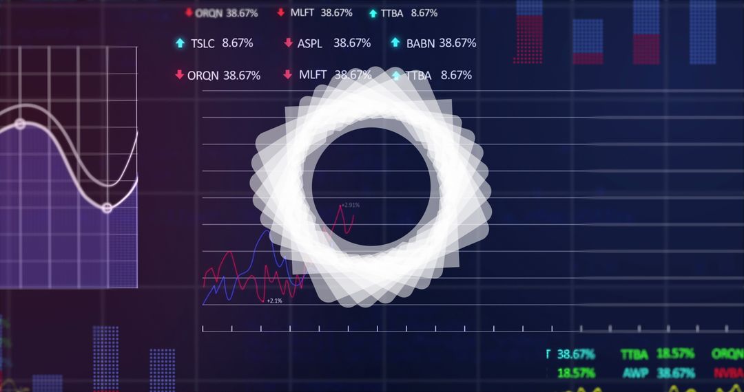 Spinning Geometric Shape Over Financial Data Visualization