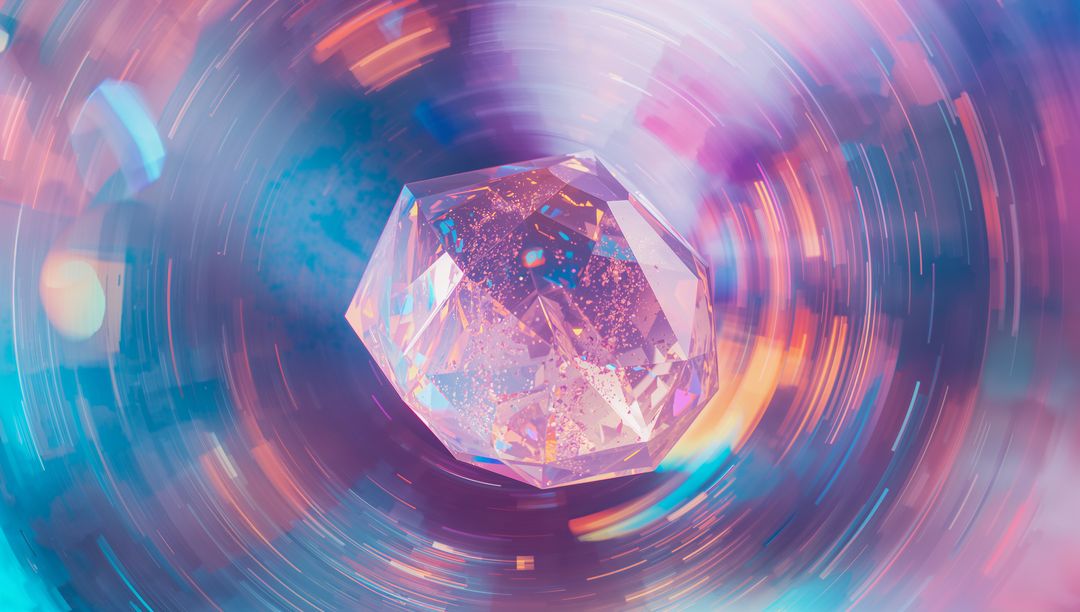 Shimmering Faceted Crystal in Colorful Vortex of Light Trails