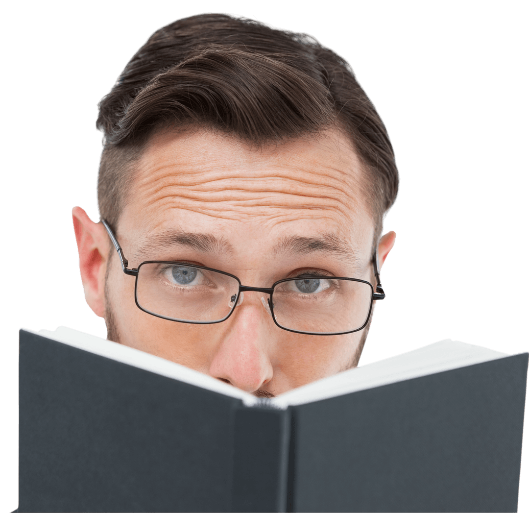 Nerdy Man with Glasses Peering Over Book on Transparent Background