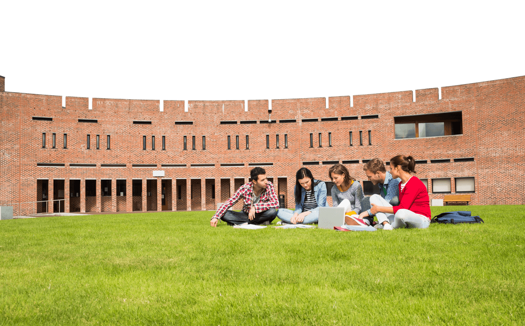Group of Students Studying on College Grass with Transparent Background