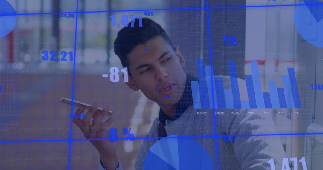 Businessman speaking into smartphone while analyzing financial charts and data overlay