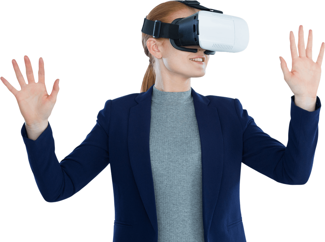 Businesswoman Gesturing with VR Glasses for Transparent Tech Design