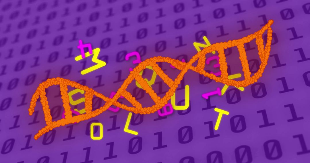 Digital DNA Concept with Binary and Data Symbols on Purple Background