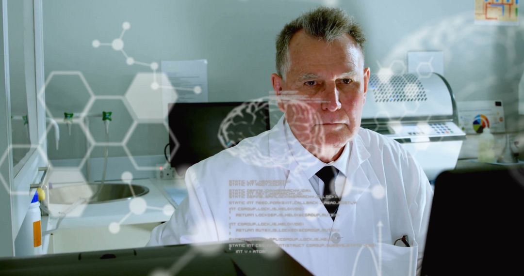 Scientist Analyzing Data on Laptop in High-Tech Laboratory